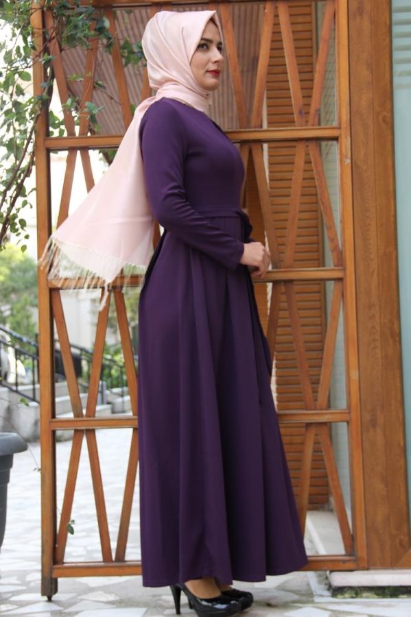 Kuşaklı Elbise Mor-4041