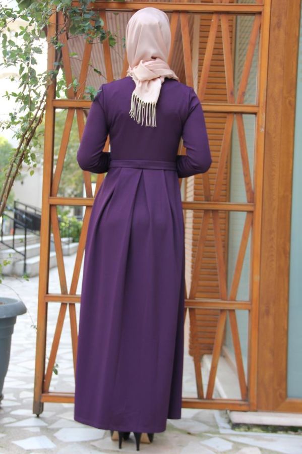 Kuşaklı Elbise Mor-4041