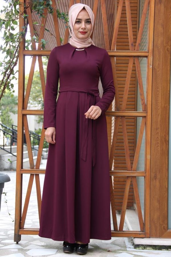 Kuşaklı Elbise Mürdüm-4041