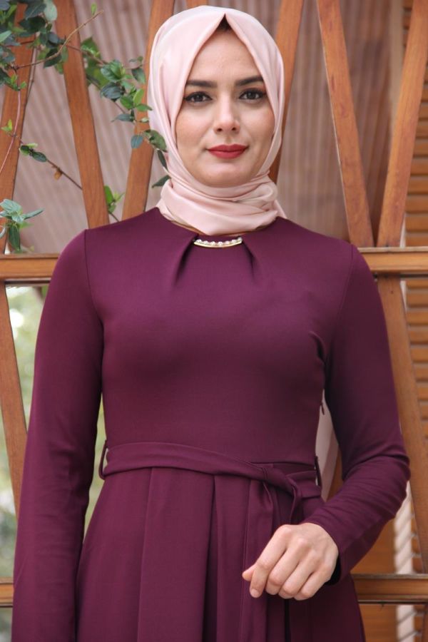 Kuşaklı Elbise Mürdüm-4041