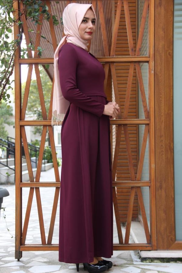 Kuşaklı Elbise Mürdüm-4041