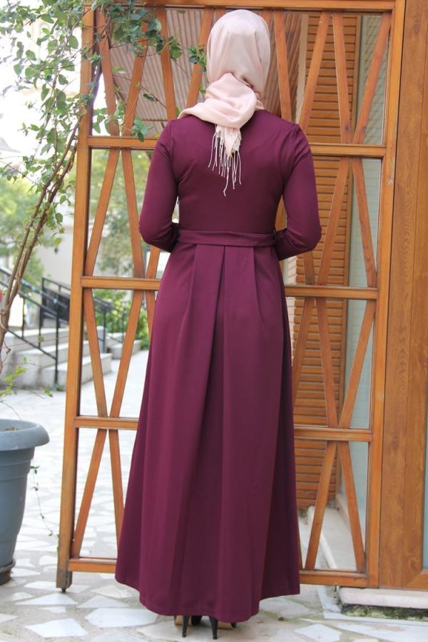 Kuşaklı Elbise Mürdüm-4041