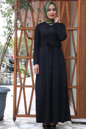 Kuşaklı Elbise Siyah-4041 - Thumbnail