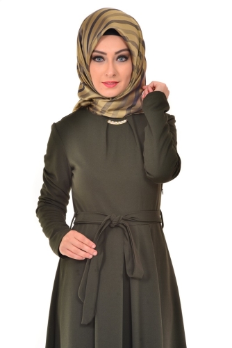 Kuşaklı Elbise Zümrüt-4041 - Thumbnail