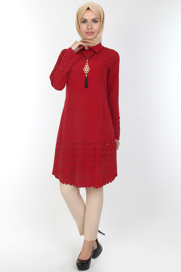 Kolyeli İncili Tunik-0533Bordo