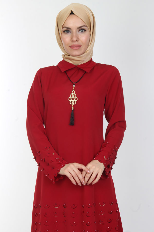 Kolyeli İncili Tunik-0533Bordo