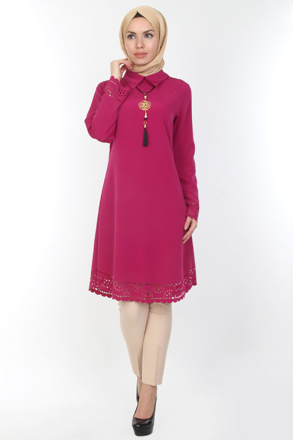 Lazer Kesim Kolyeli Tunik-0540Fuşya