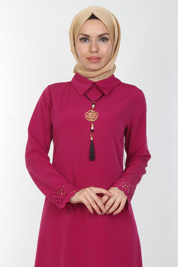 Lazer Kesim Kolyeli Tunik-0540Fuşya