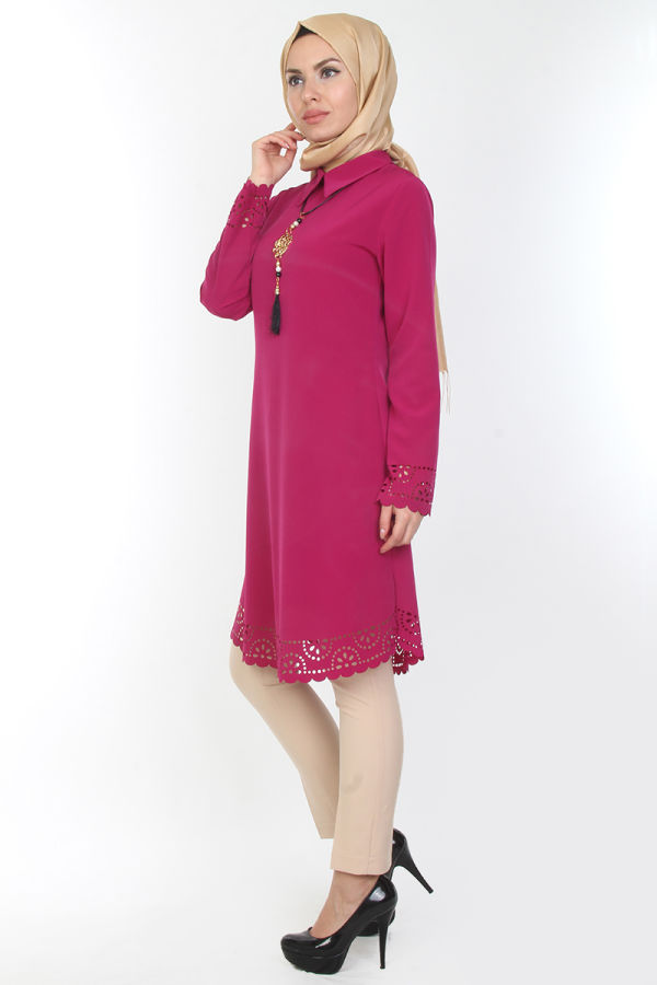 Lazer Kesim Kolyeli Tunik-0540Fuşya