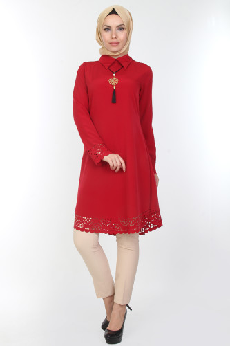 Lazer Kesim Kolyeli Tunik-0540Bordo - Thumbnail