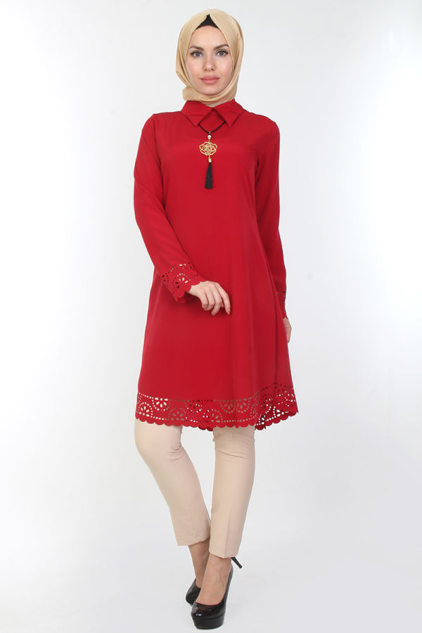 Lazer Kesim Kolyeli Tunik-0540Bordo