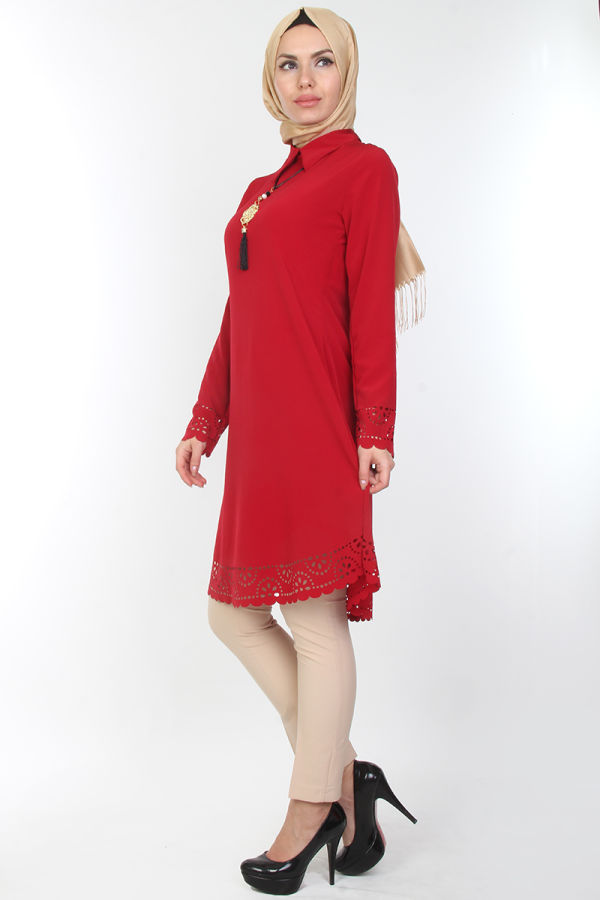 Lazer Kesim Kolyeli Tunik-0540Bordo