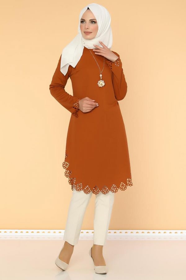 Lazer Kesim Kolyeli Tunik-3654 Kiremit - 1
