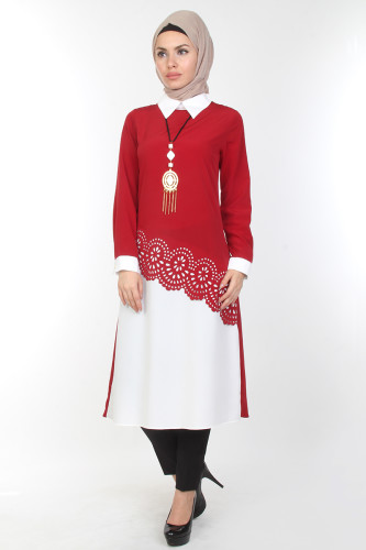 Lazer Kesim Kolyeli Tunik-Bordo2909 - Thumbnail