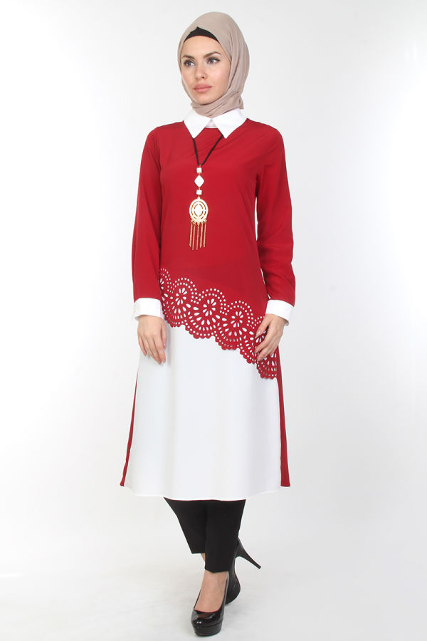 Lazer Kesim Kolyeli Tunik-Bordo2909