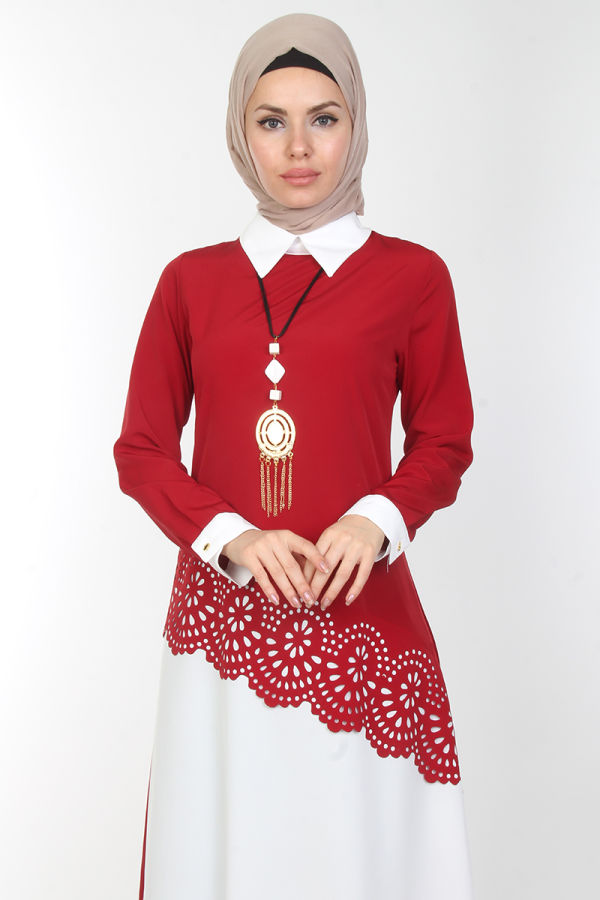 Lazer Kesim Kolyeli Tunik-Bordo2909