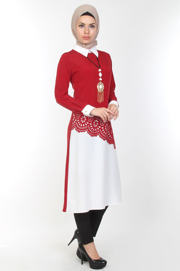 Lazer Kesim Kolyeli Tunik-Bordo2909
