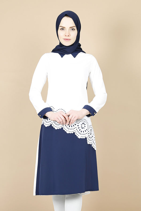 Lazer Kesim Kolyeli Tunik-BeyazLacivert2909