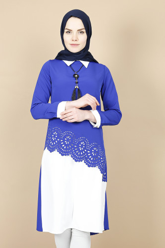 Lazer Kesim Kolyeli Tunik-saks mavisi2909 - Thumbnail