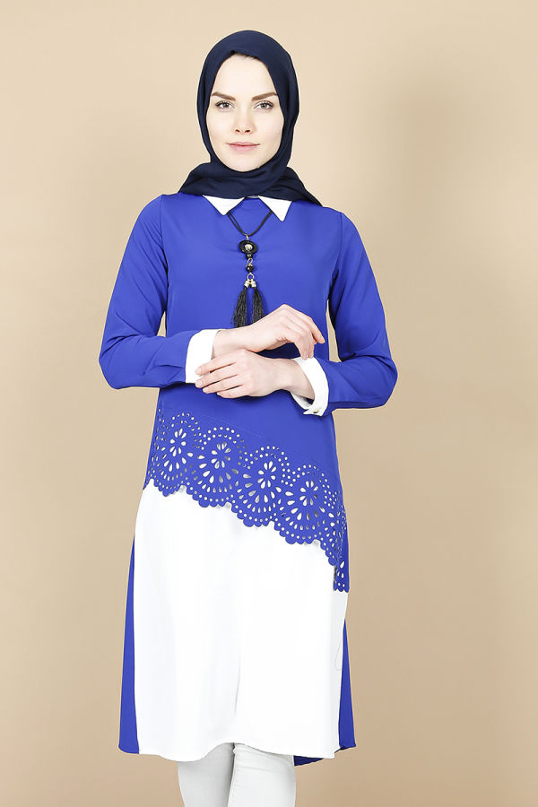Lazer Kesim Kolyeli Tunik-saks mavisi2909