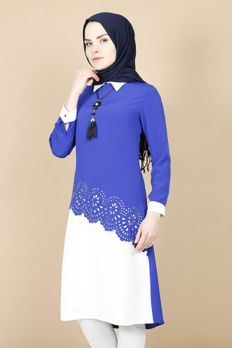 Lazer Kesim Kolyeli Tunik-saks mavisi2909 - Thumbnail