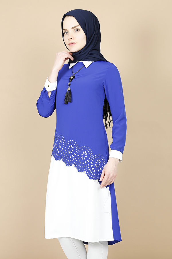 Lazer Kesim Kolyeli Tunik-saks mavisi2909