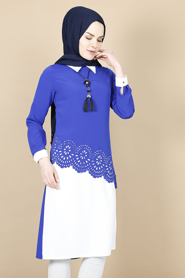 Lazer Kesim Kolyeli Tunik-saks mavisi2909