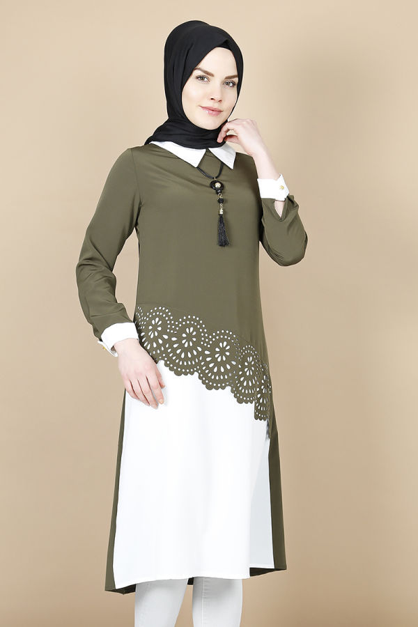 Lazer Kesim Kolyeli Tunik-Yeşil2909