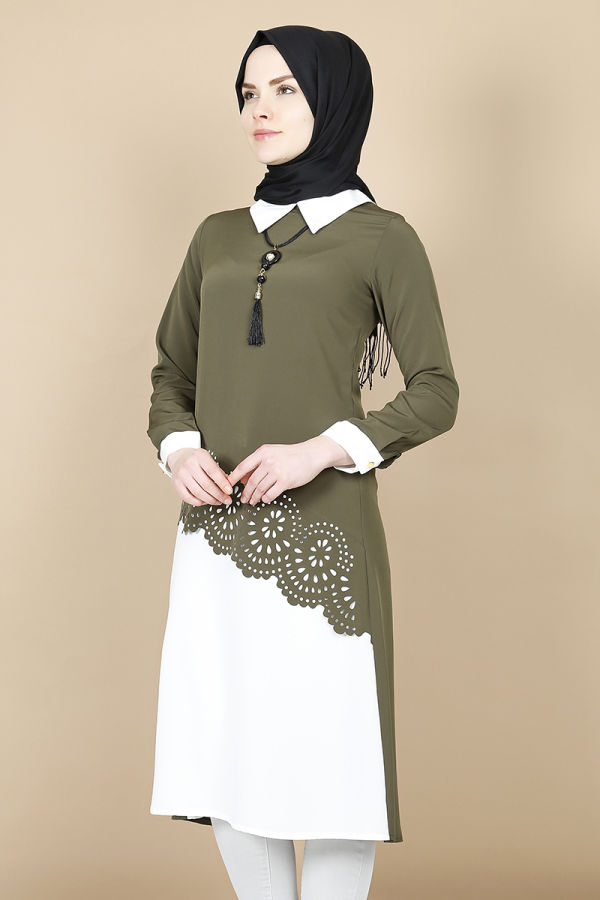 Lazer Kesim Kolyeli Tunik-Yeşil2909
