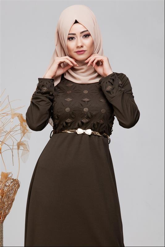 Lazer Kesim Taş İşleme Elbise-4002 Hakiyeşili