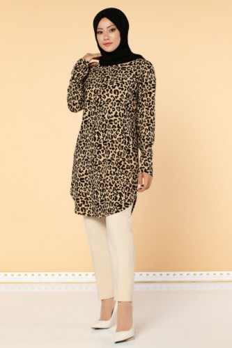 Modaebva - Leopar Desenli Tesettür Tunik-3045 Siyah