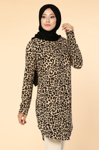 Leopar Desenli Tesettür Tunik-3045 Siyah - Thumbnail