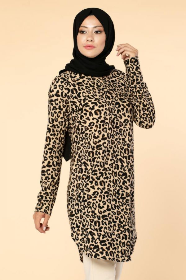 Leopar Desenli Tesettür Tunik-3045 Siyah