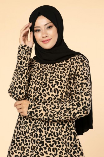 Leopar Desenli Tesettür Tunik-3045 Siyah - Thumbnail