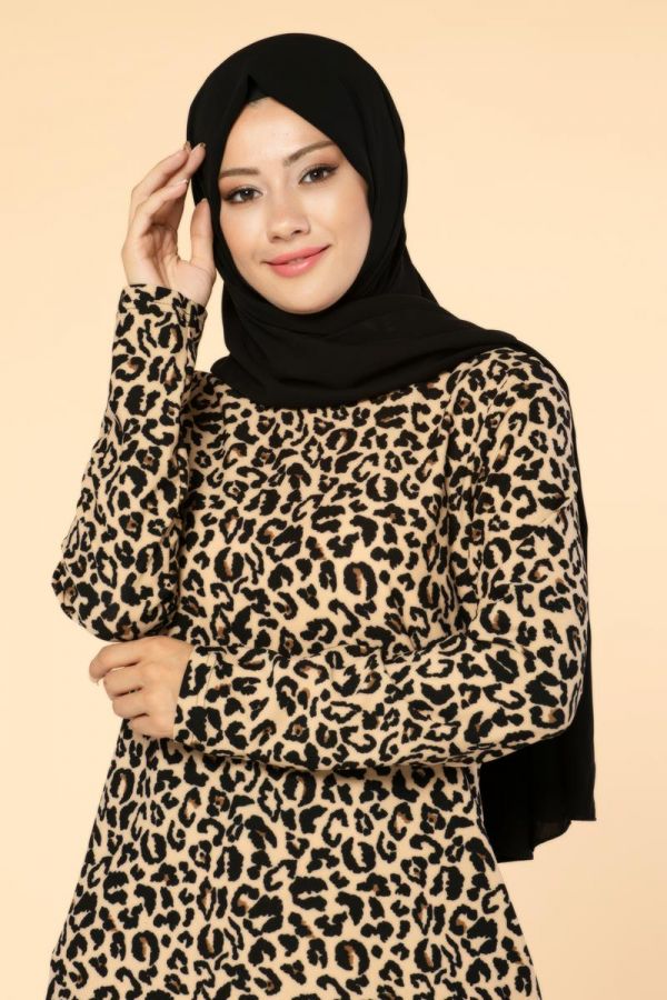 Leopar Desenli Tesettür Tunik-3045 Siyah
