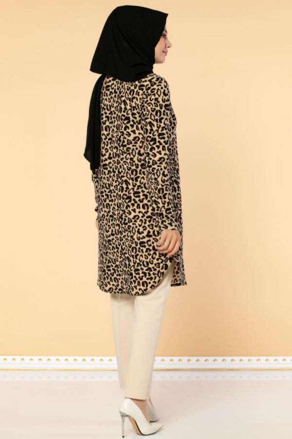 Leopar Desenli Tesettür Tunik-3045 Siyah