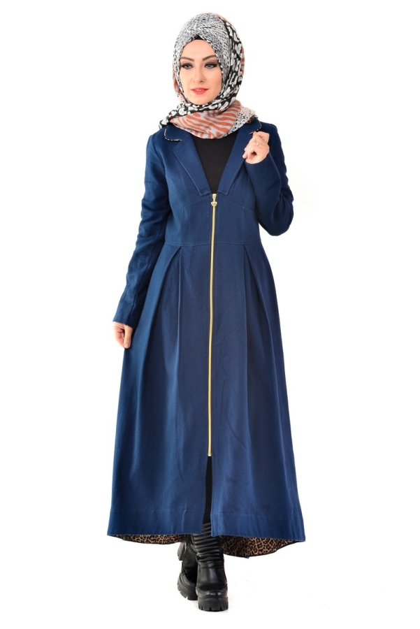 Leopar Detaylı Fermuarlı Kap Lacivert-6575