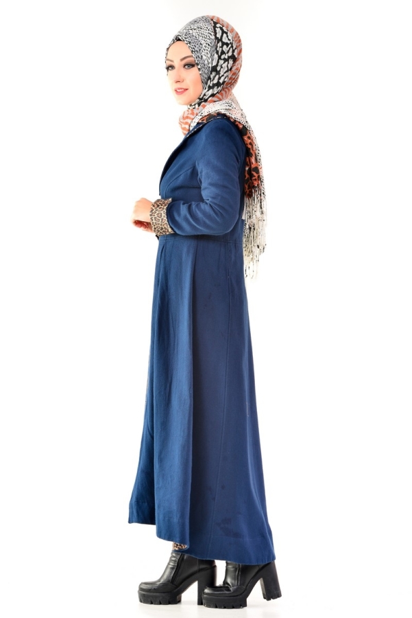 Leopar Detaylı Fermuarlı Kap Lacivert-6575
