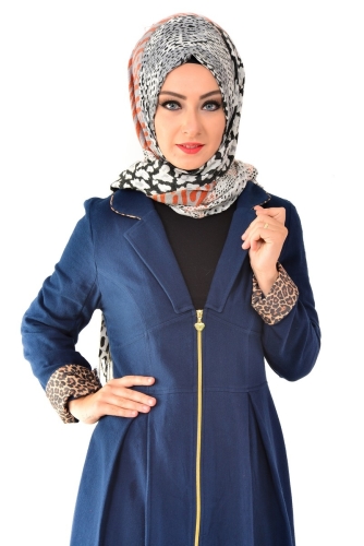 Leopar Detaylı Fermuarlı Kap Lacivert-6575 - Thumbnail