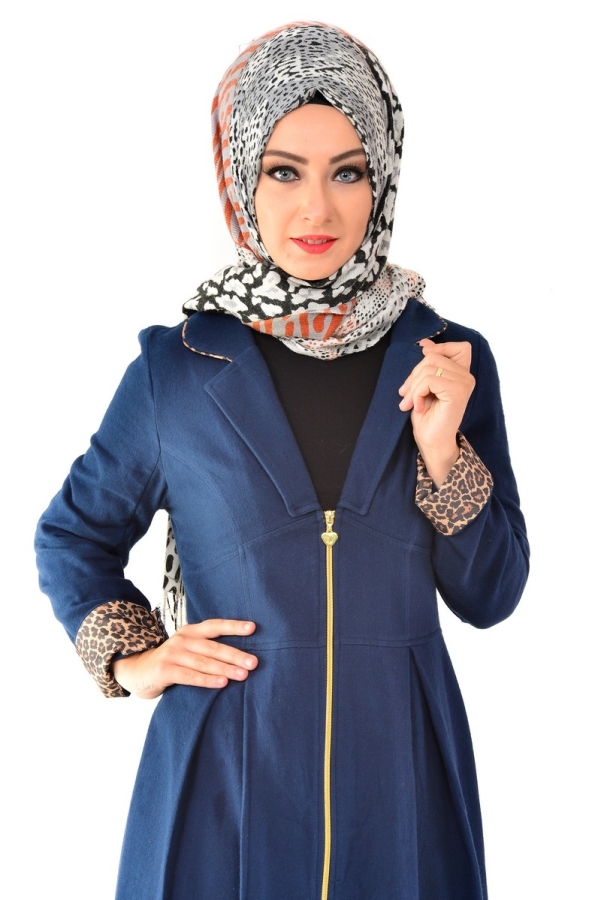 Leopar Detaylı Fermuarlı Kap Lacivert-6575