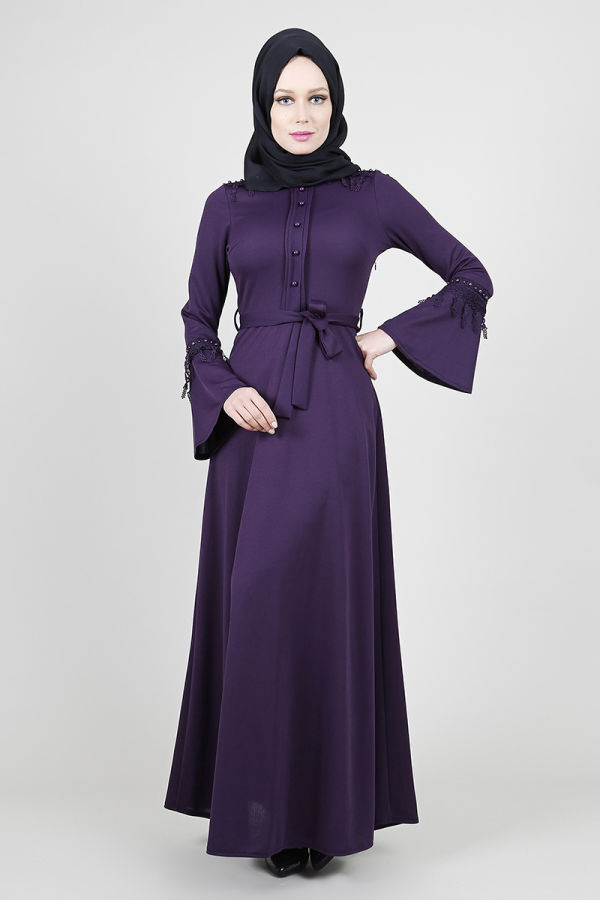 Mina İnci ve Güpür Detaylı elbise-Mor00122