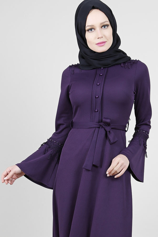 Mina İnci ve Güpür Detaylı elbise-Mor00122