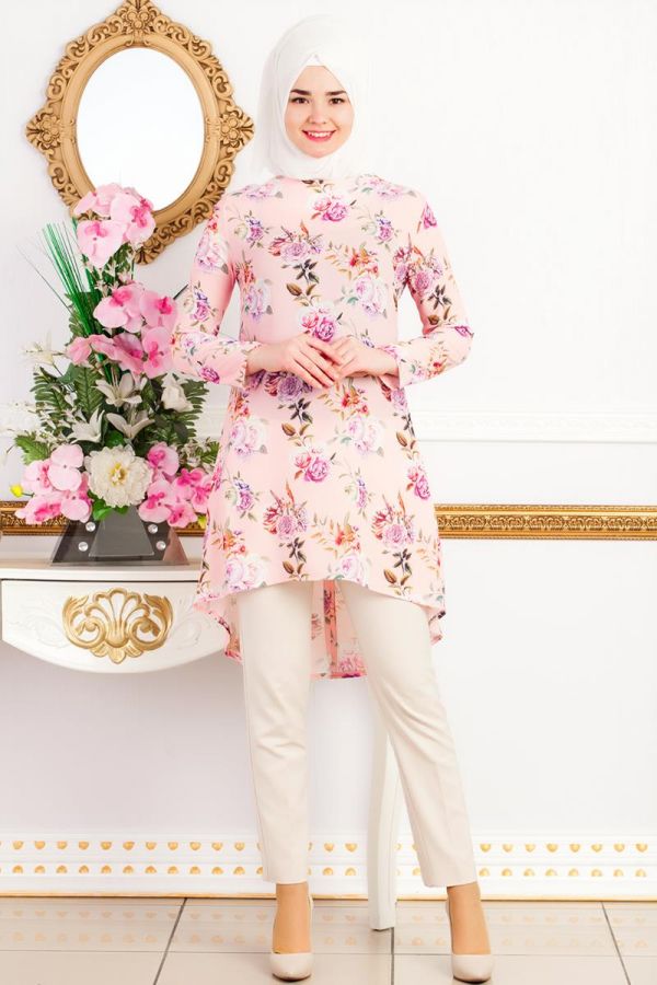 Mor Çiçek Desenli Tunik-3449 - 1