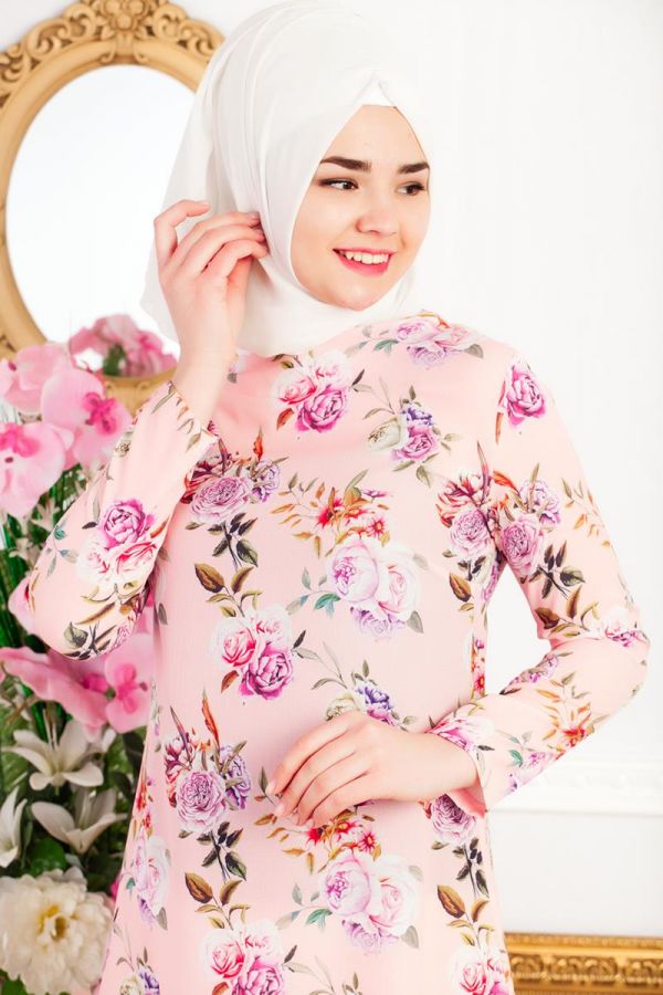Mor Çiçek Desenli Tunik-3449 - 2