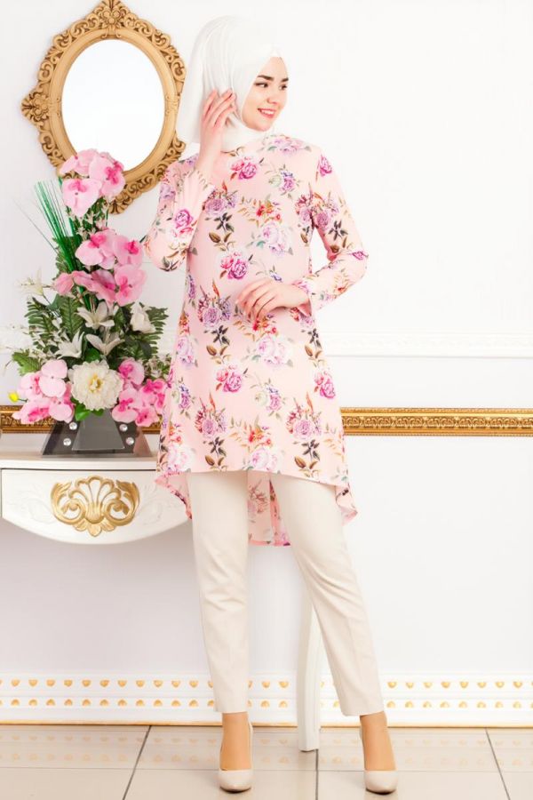 Mor Çiçek Desenli Tunik-3449 - 3