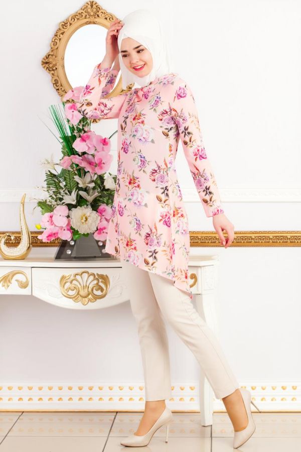 Mor Çiçek Desenli Tunik-3449 - 4
