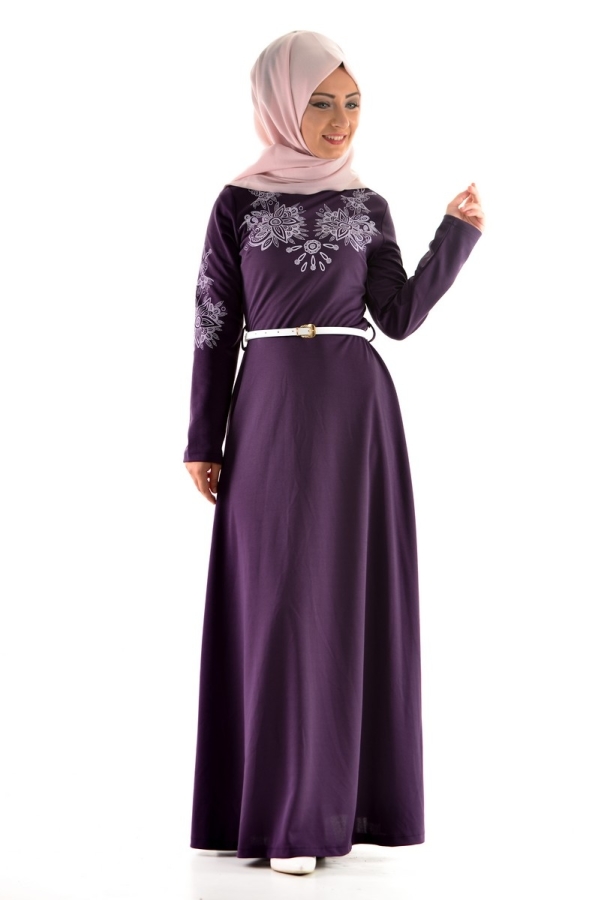 Mor Kemerli Elbise-3397