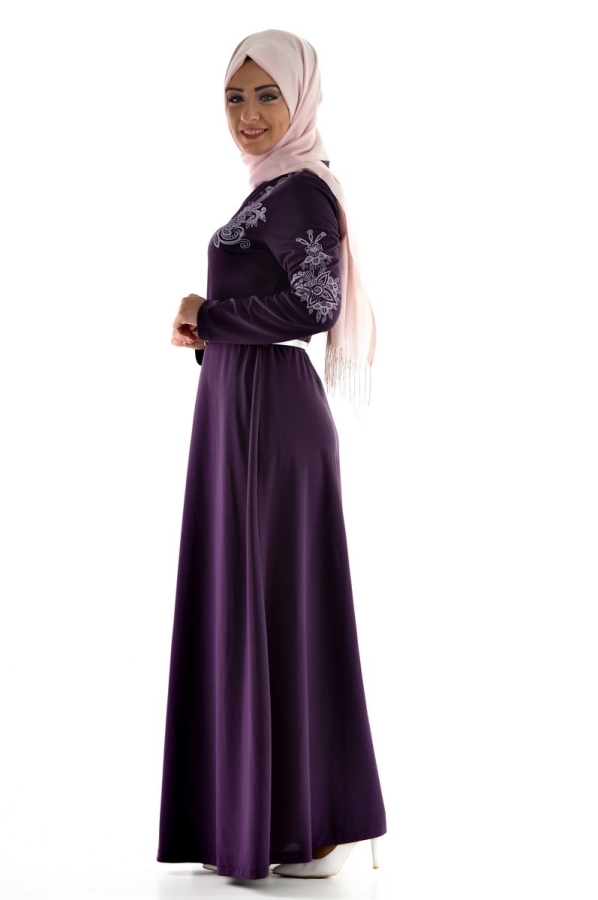 Mor Kemerli Elbise-3397