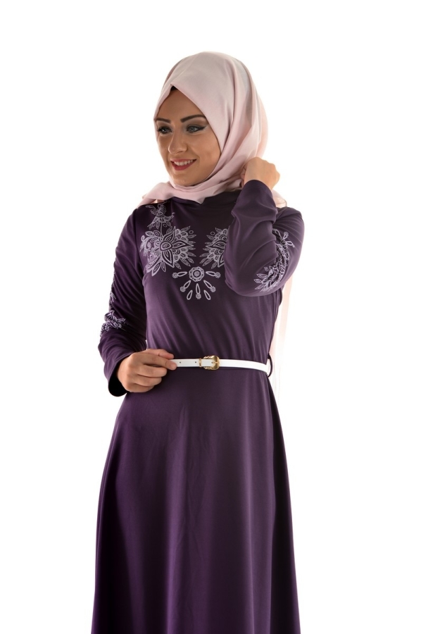 Mor Kemerli Elbise-3397
