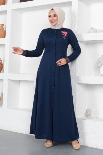 Nakış Detaylı Ferace-3125 Lacivert - Thumbnail